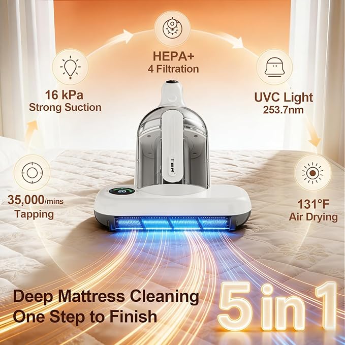 TER Bed Vacuum Cleaner, Smart Dust Sensor, HEPA Filter, 16Kpa Strong Suction & 35000 RPM Tapping, 131°F Heat, 5-in-1 Deep Cleaning Mattress Vacuum Cleaner UV for Bed/Couch/Pet Hair (Corded)