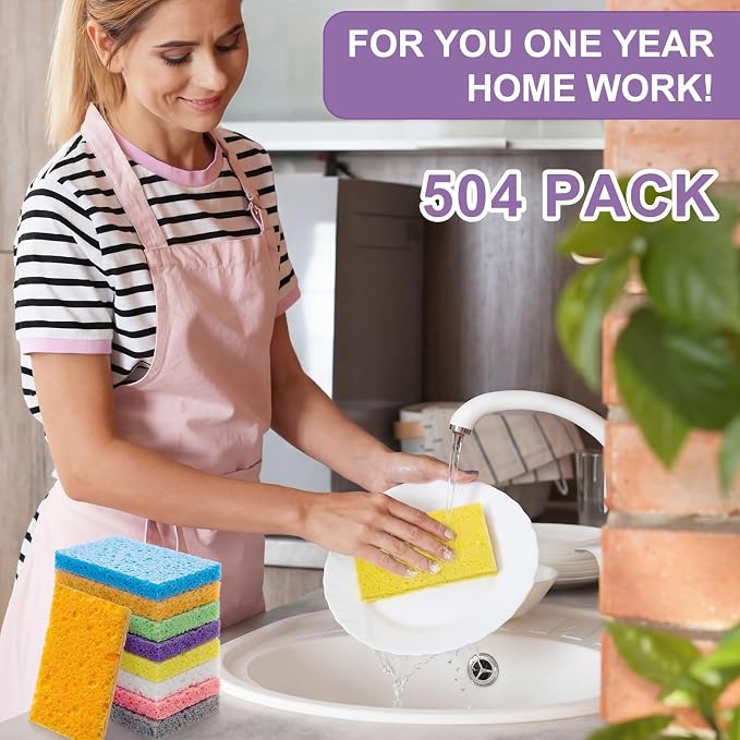 Zhengmy 504 Pieces Sponges Bulk Sponges Kitchen Compressed Sponge Natural Dish Sponge Compressed Wood Pulp Cleaning Without Scratching for Kitchen Bathroom, 3.9 x 2.4 x 0.12 Inch (Multicolor)