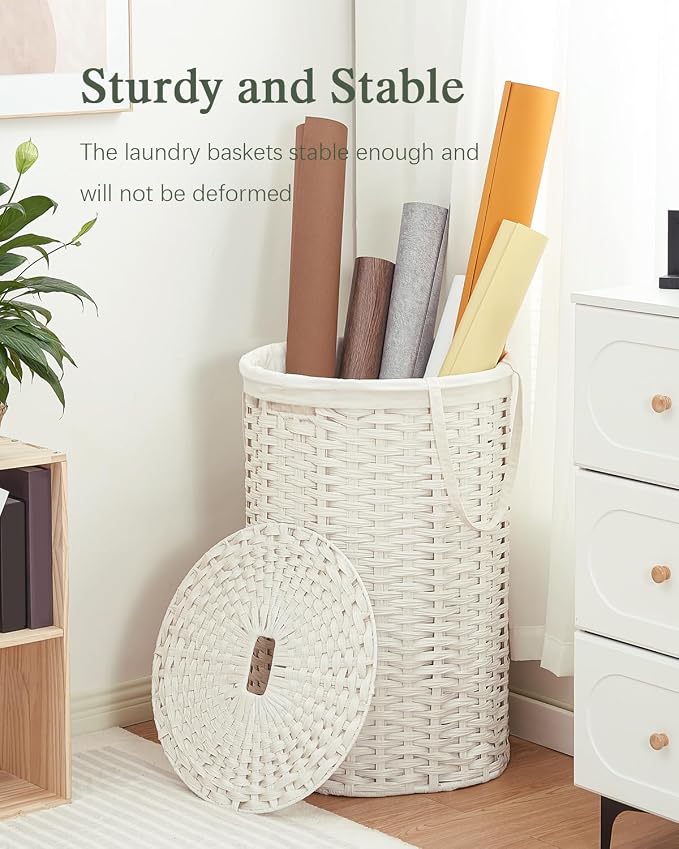 SETVSON Large Laundry Hamper Laundry Basket Round 34.3 Gal PE, White | Decorative PE Rattan Furniture Look for Bedroom, Jumbo Open-Top Laundry Hamper, Removable Bag, 2 Mesh Bags, Handles