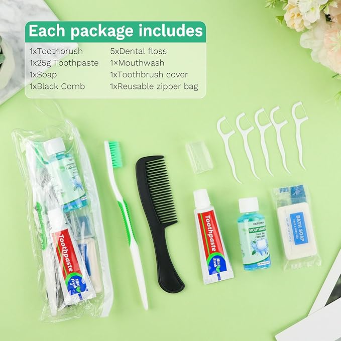 50 Set Personal Care Travel Toiletries Sets Bulk,8-IN-1 Disposable Toothbrushes with Toothpaste and Floss,Mouthwash,Comb,Soap,Cover,Zip Bag Toiletry Travel Toothbrush Kit for Homeless,Hotel,Charity