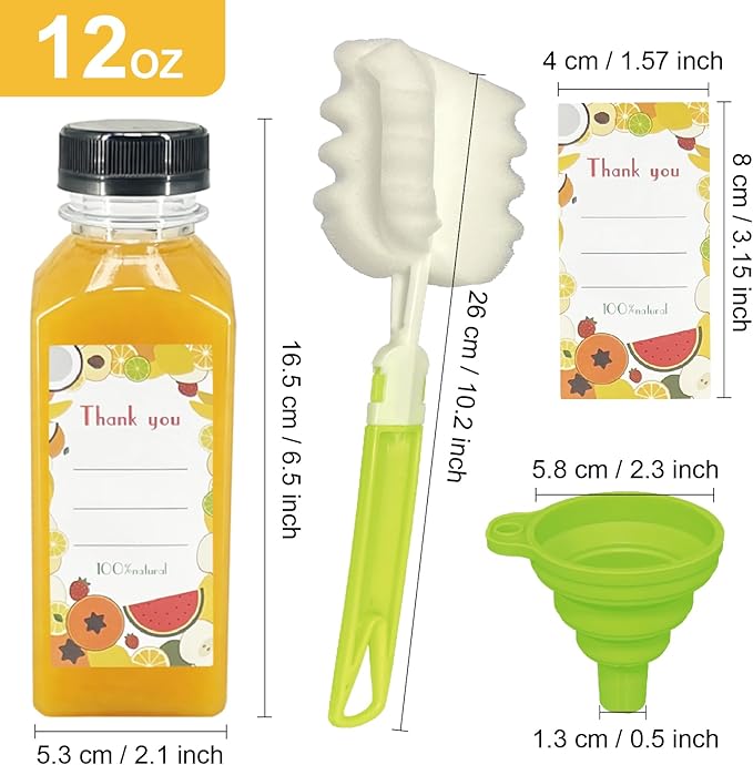 100 Pack 12oz Clear Reusable Plastic Juice Bottles with Caps, Food Grade BPA-Free Leak Proof Juicing Containers with 108 Labels & brush& Silicone Funnels for Homemade Juice, Smoothies & Travel
