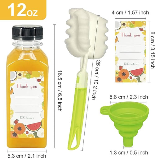 100 Pack 12oz Clear Reusable Plastic Juice Bottles with Caps, Food Grade BPA-Free Leak Proof Juicing Containers with 108 Labels & brush& Silicone Funnels for Homemade Juice, Smoothies & Travel