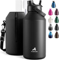 POWCAN 64 oz Insulated Water Bottle for Sports: 2-in-1 Straw & Spout Lid, Leakproof, Carrier Bag, Shoulder Strap, Keep Cold 48H, BPA-Free, Half Gallon Metal Water Jug for Gym, Travel, Gift (Midnight)