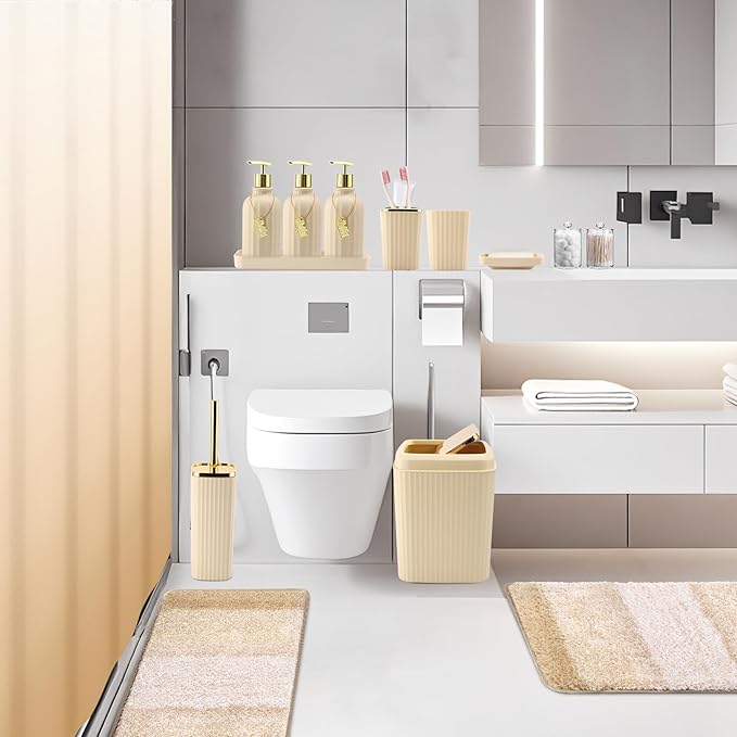 32PCS Bathroom Set Bathroom Sets with Shower Curtain and Rugs Beige Bathroom Accessories,Shower Curtain Set,Bathroom Rug Set with Bathroom Trash Can