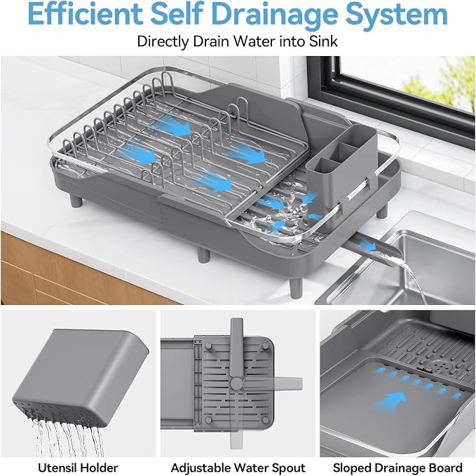 Urackify Expandable Dish Drying Rack for Kitchen Counter,16.2-23.7in,Grey | Adjustable Capacity, Countertop-Stay-Dry Drainboard, Heavy-Duty Steel, Stable Plate Rack, Spave Saving for Apartment,RV,Dorms