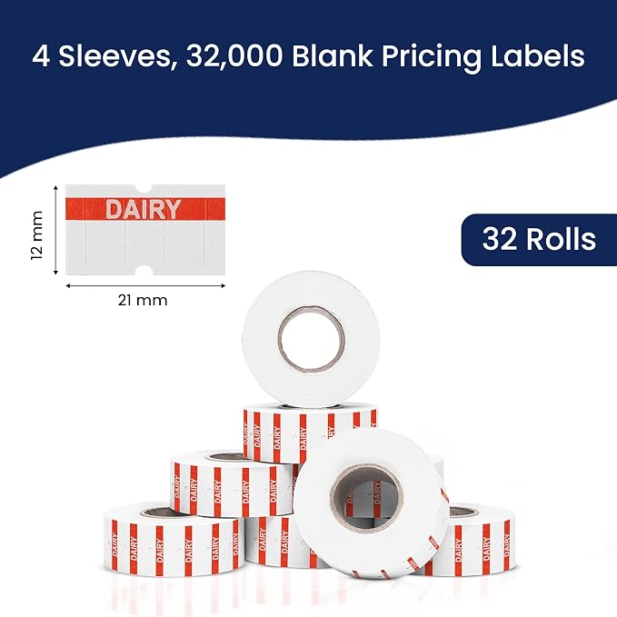 Perco 1 Line Orange Reverse Print on White Dairy Labels—32,000 Labels for Perco Lite, X, Plus & Pro Guns—with Tamper-Proof Design for Marking Milk, Cheese, Yogurt, Butter—32 Rolls, 4 Sleeves—USA Made