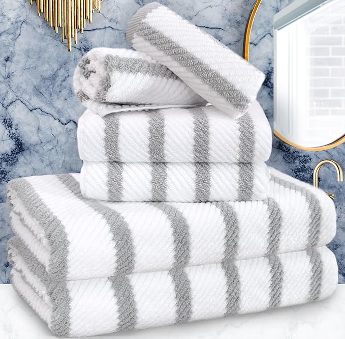 VOOVA & MOVAS 6PC Towel Set, 100% Cotton, Gray Beige | 2 Large Bath Towels 30x56 In, 2 Hand Towels 18x28 In, 2 Washcloths 13x13 In, Quick Dry, Thick, Soft, College Dorm Towels