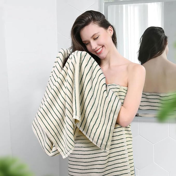 Jacquotha Green Striped Bath Towels Set of 2 | Lighter & Quick Dry Towels Large 27.5 x 55 inches, Farmhouse for Bathroom Decor, Shower, Pool Days