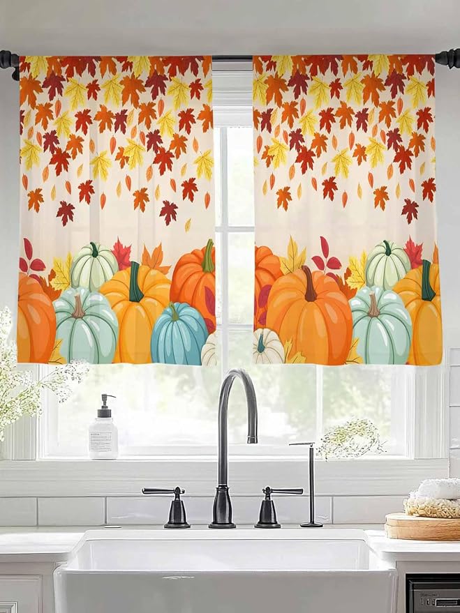 Thanksgiving Fall Chiffon Semi-Sheer Curtain 45 Inch,Autumn Pumpkins Maple Leaves Rod Pocket Voile Window Curtain Panels,Orange Watercolor Tulle Curtains Drape for Living Room/Sliding Door, 104"x45"