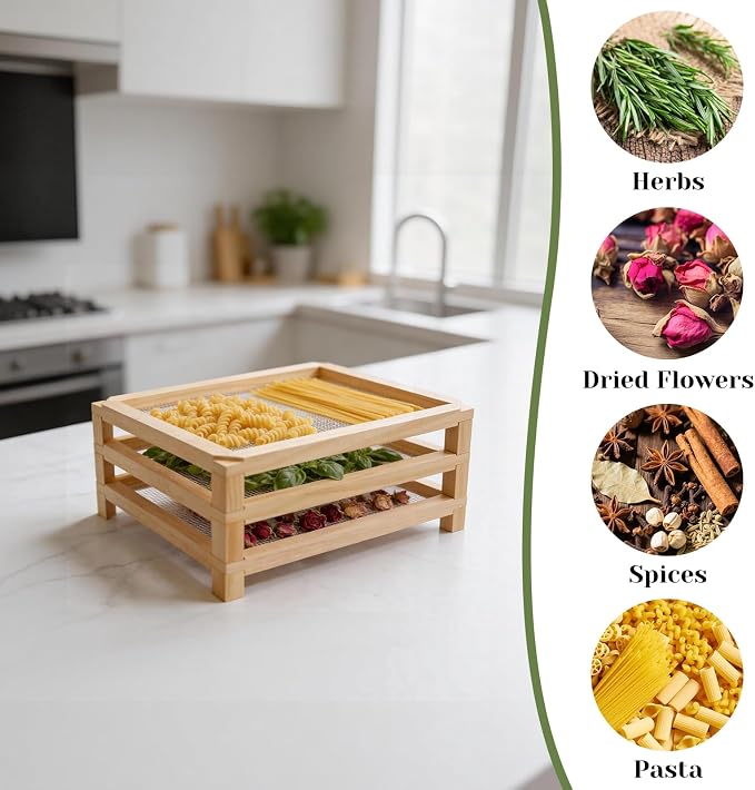 3-Layer Stackable Wooden Herb Drying Rack,Mesh Dryer Screen For Countertop | 11.8×15.74in No-Drill Drying Rack.Perfect For Herbs,And Plant Specimens.Saves Small Space, Unique Gift For Gardeners Lovers