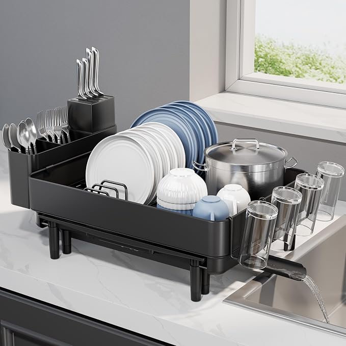 Urackify Expandable Dish Drying Rack, Stainless Steel, Large Capacity | Multifunctional Drainboard for Kitchen Countertop, Removable Cutlery Tray, Foldable Cup Holder, 20.4"L x 20"W, Black