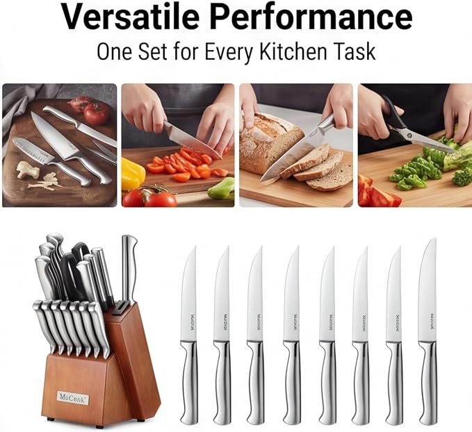 McCook Kitchen Knife Set 15PC Knife Block Set w Built-in Sharpener | German Forged Stainless Steel,Razor Sharp,15 PC, Anti-Rust,Restaurant Grade,Ergonomic Handles,Full Tang,Gift Box