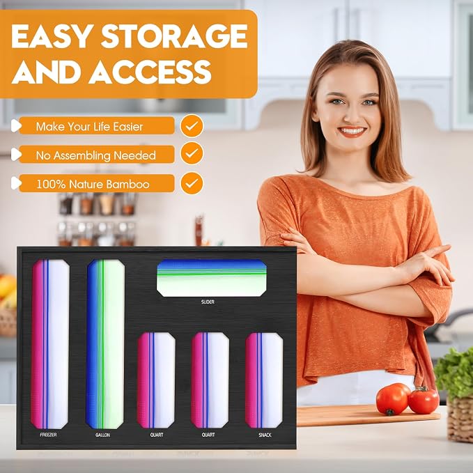 6 in 1 Bamboo Ziploc Bag Storage Organizer, Black Baggie Organizer for Drawer with Sliding Lid - Fits Gallon, Quart, Sandwich, Snack & Freezer Bags, Wall Mountable Kitchen Drawer Organization