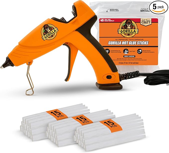 Gorilla Hot Glue Gun, Dual Temp | Precision Nozzle | Easy Squeeze Trigger | 45 Sticks, Pack of 5