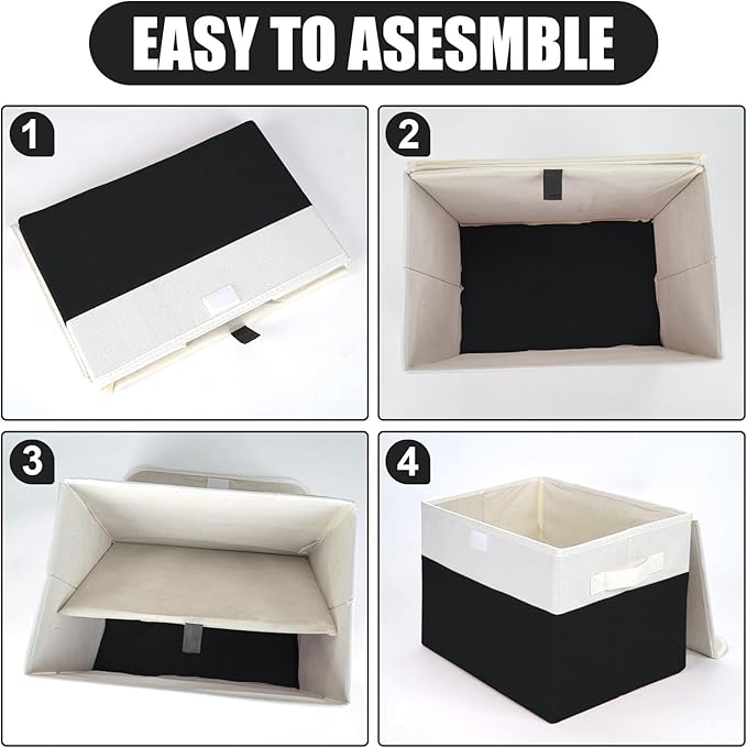 Bagnizer Large 22 Quart Linen Fabric Foldable Storage Bin Cube Organizer Basket with Flip-Top Lid & Handles, Clothes Blanket Box for Home, Office, Closet, Black & White, 4 Pack 14.6 x 9.5 x 9.5
