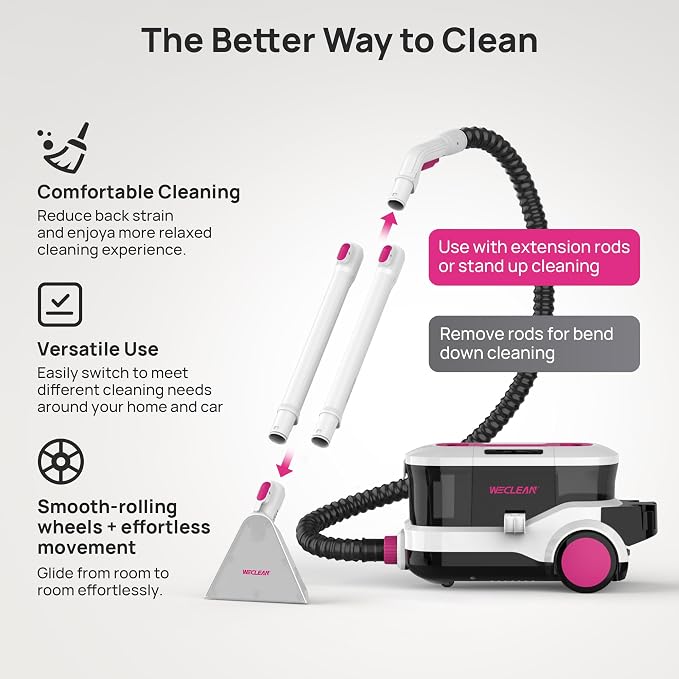 WECLEAN C4 Portable Carpet Cleaner Machine, Stand Up Upholstery Cleaner with 18KPa Powerful Suction, 800W Spot Cleaner for Pet Stains, Carpet, Rug, Couch and Car Interior, Dual Tank System, Pink