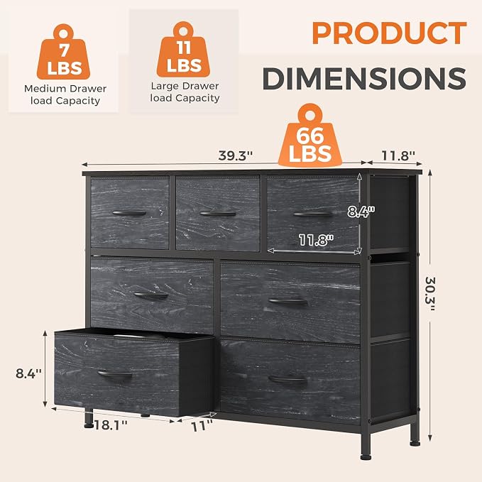 Sweetcrispy 7 Drawer Dresser, Fabric Storage Tower Organizer for Bedroom, Closet, Hallway, Entryway, Tall Chest of Drawers with Steel Frame, Wood Top, Large Storage, Black Wood Grain