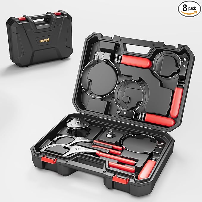 KOOPOOL Oil Filter Wrench Set, 8 Piece Adjustable Oil Filter Pliers 2-3/4" to 5-1/4", 9" & 12" Universal Oil Filter Removal Tool with 1/2" to 3/8" Adapter, Organized in Storage Case (8-Piece Set)