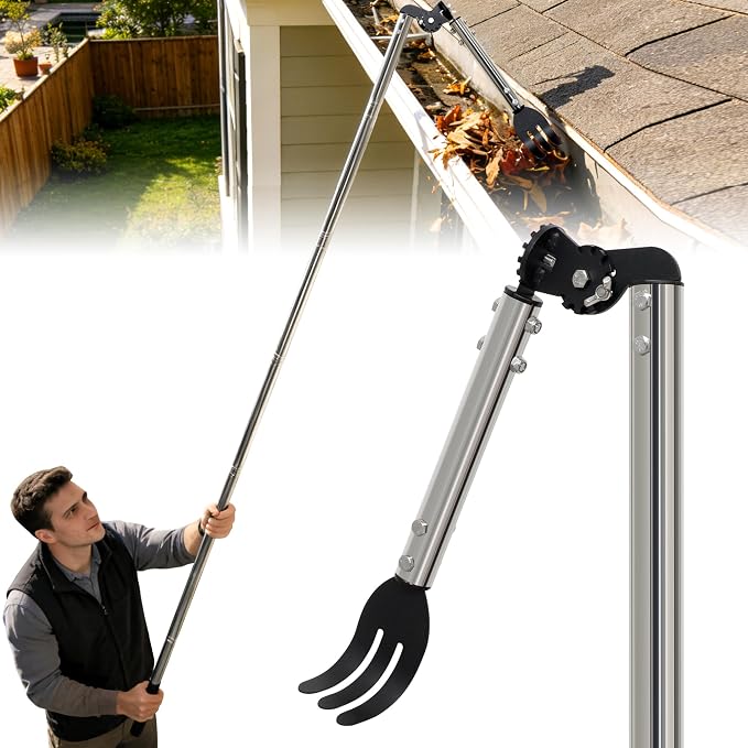 8.5 FT Gutter Cleaning Tool from the Ground with Spring Steel Rake | Dual-Axis Spring Steel Gutter Cleaner, Adjustable Length Cleaning Pole with Gutter Rake for Leaves, Muck and Roof Debris