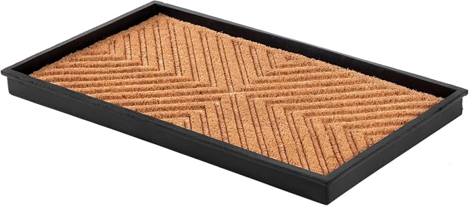 Anji Mountain Heavy Duty Waterproof Rubber Shoe Storage Mat Organizer/Boot Storage Multi Use for Entryway with Coir, Tan Cross Embossed Insert, Fits 2 Pair (24.5" Wide)