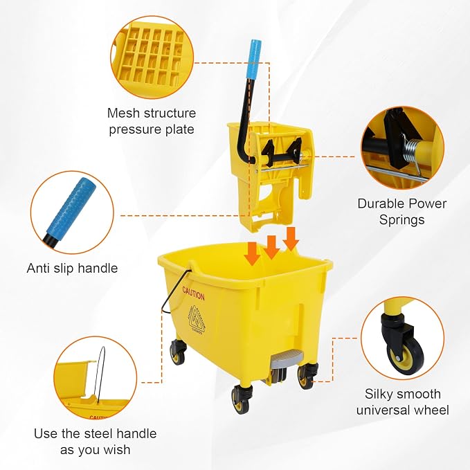 35 Qt Commercial Mop Bucket with Side Press Wringer on Wheels, Mop and Bucket Set, Add One Industrial Mop and One Mop Head Replacement