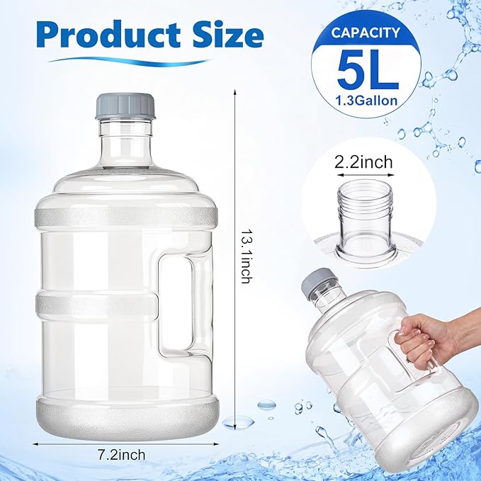 Funnymoom 2 Pack 1.32 Gallon Water Bottle Jug with Handle and 2 Extendable Cleaning Brushes, Food-grade Fda Compliant Reusable Water Container, Stackable 5l Jug for Cooler, Camping, Office and Home