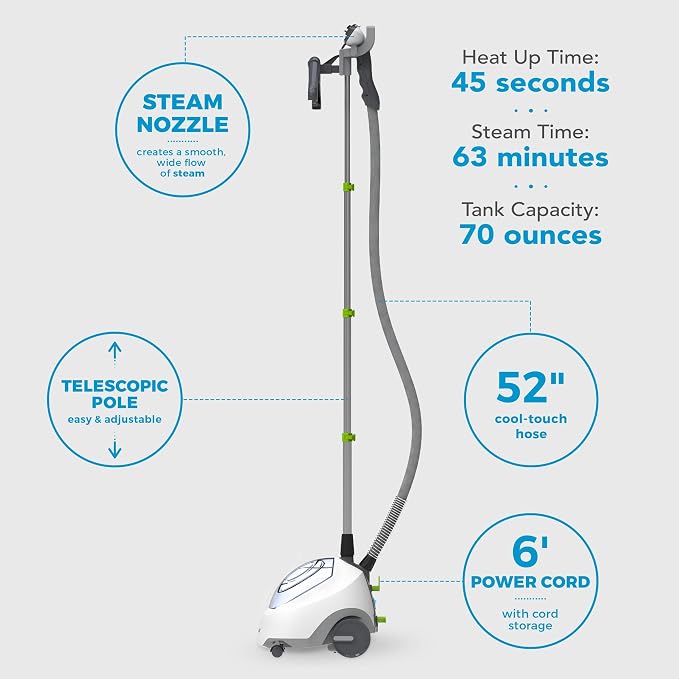 Steamfast SF-520 Full Size Fabric Steamer with Insulated Hose, Clothes Hanger, and Fabric Brush, Quick Heat-Up Time, 70-Ounce Water Tank, Chemical-Free Steam, Integrated Cord Wrap, White