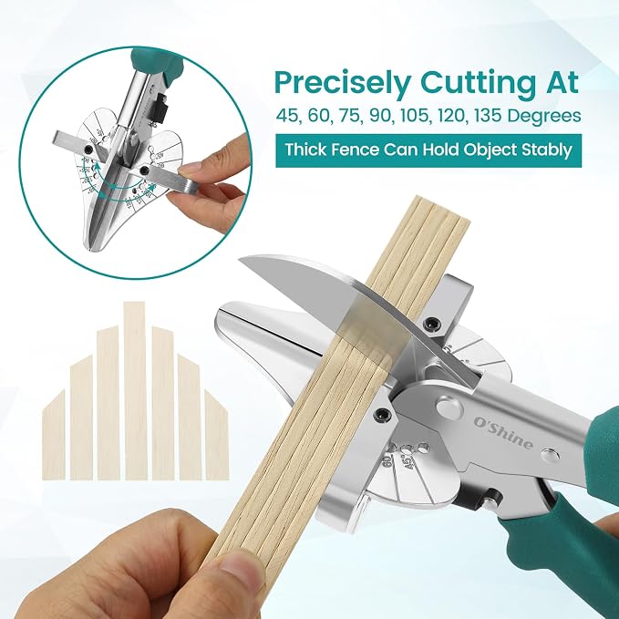 O'Shine Professional Long Handle Miter Shears, Multi Angle Base Shoe Cutter with 30% Effort Saving, 45 to 135 Degree Hand Trim Cutter for Shoe Molding & Quarter Round, 1 Extra Replacement Blade