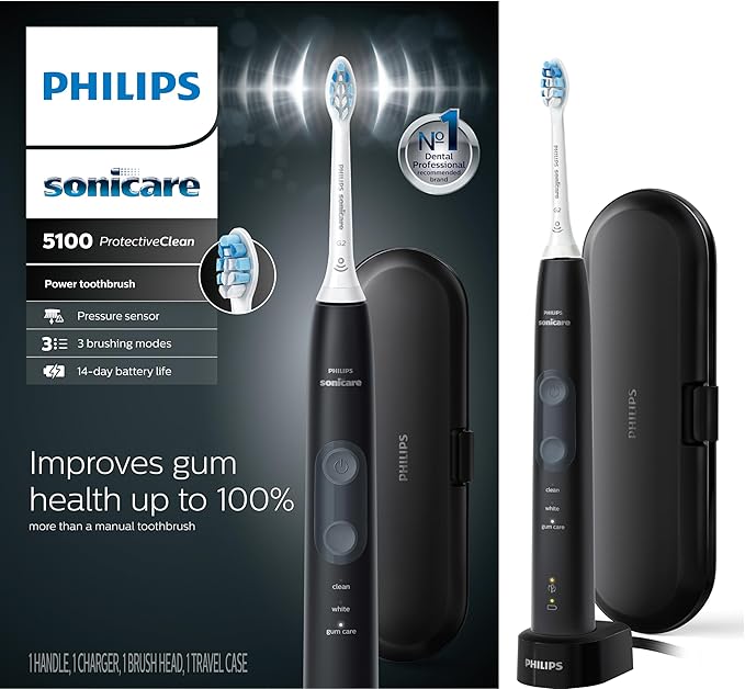 Philips Sonicare ProtectiveClean 5100 Rechargeable Electric Toothbrush, with Pressure Sensor, 3 Cleaning Modes, SmarTimer and QuadPacer, 14-Day Battery Life, Travel Case, Black, Model HX6850/60