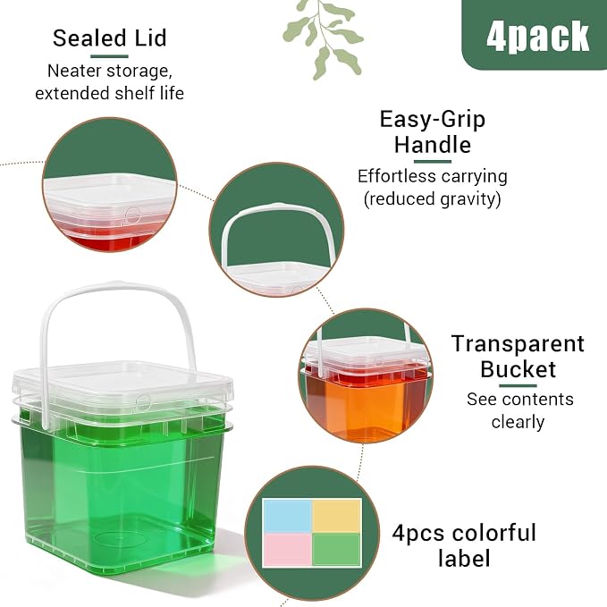 Food Storage Buckets with Lids - 4 Set Square Clear Plastic Containers, Airtight Pressure Seal & Handle for Kitchen Freezer Prep (Clear, 34 oz)