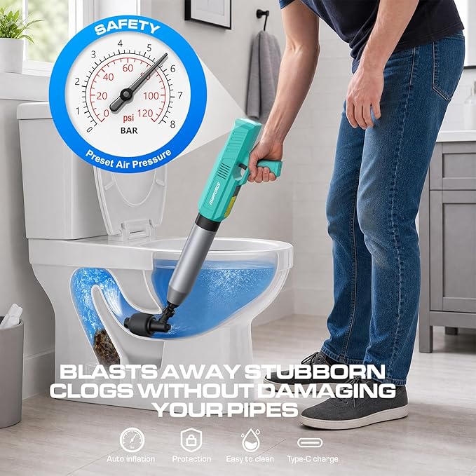 ‌Electric Toilet Plunger for Bathroom, High-Pressure Air Plunger, Heavy-Duty Clog Remover for Toilets, Toilet Drain Unclogger (Mint Green)