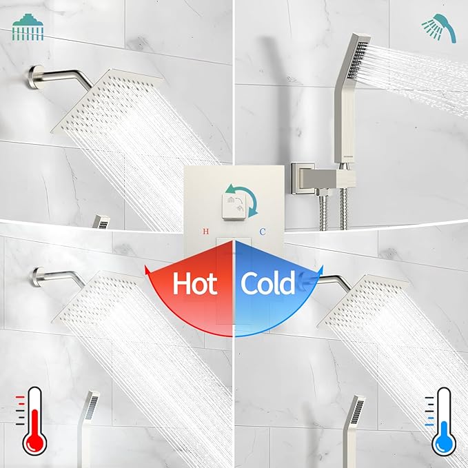 SR SUN RISE Shower Faucet Set - Shower Valve with 8 Inch Rainfall Shower Head and Handheld Shower - Wall Mounted Shower System with Rough In Valve and Shower Faucet Trim Repair Kits - Brushed Nickel