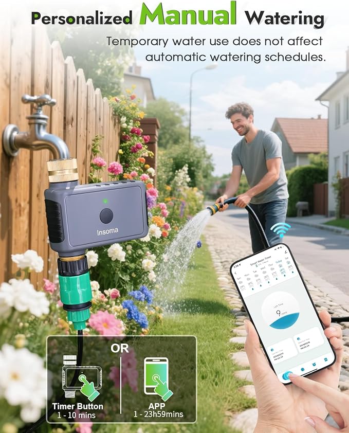 Insoma WiFi Water Timer with Brass Inlet&Outlet, Smart Sprinkler Timer + Auto/Manual/Rain Delay for Garden, Hose Timers with Hub, Up to 20 Watering Plans, APP & Voice Control, Compatible with Alexa