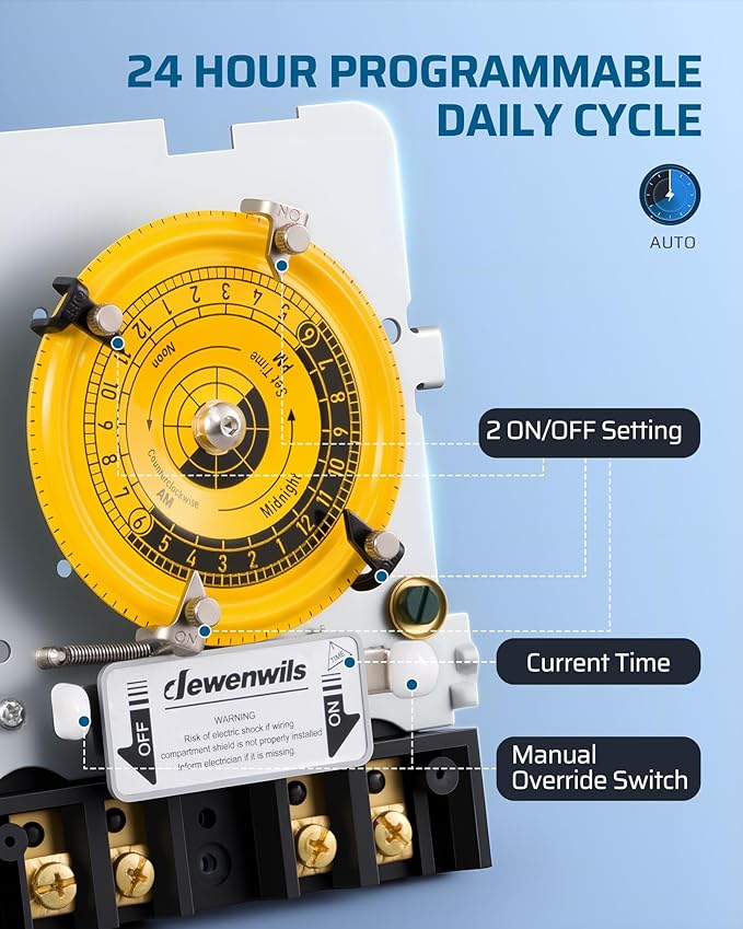 DEWENWILS 24-Hour Mechanical Timer Switch - 208-277VAC DPST, 5HP 40A, Metal Enclosure, Weatherproof Heavy Duty, Manual Override, Ideal for Pool Pump, Water Heater, HVAC Sytem, Lights, Fans, ETL Listed