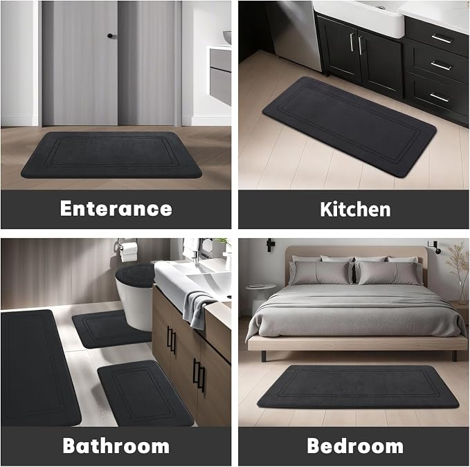 YIHOUSE Memory Foam Bath Mat Set, Bathroom Rugs Sets 2 Pieces, Non Slip Bath Mats for Bathroom, Super Soft and Water Absorbent Bath Rug Set, Machine Washable U Shape Toilet Rug,Black