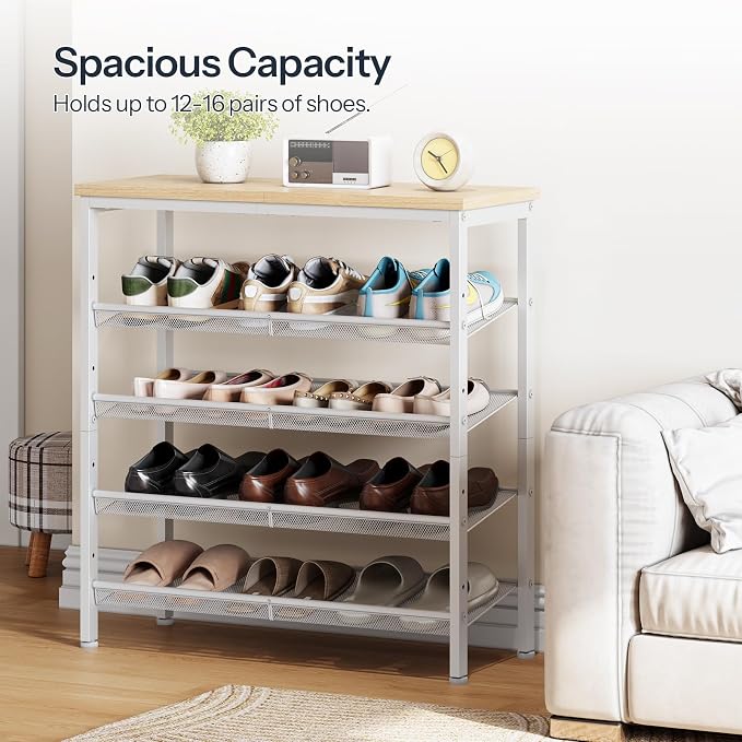 HOOBRO Shoe Rack for Entryway, 5-Tier Shoe Organizer with Adjustable Mesh Shelves, 12-16 Pairs of Shoes, Spacious Floor Mount, Metal, Industrial, Shoe Shelf for Closet, Natural and White WN12XJ01