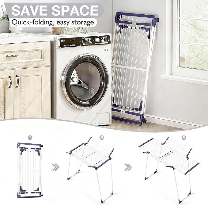 APEXCHASER Clothes Drying Rack - Foldable Laundry Rack Indoor Outdoor, Gullwing Drying Rack Clothing with 10pcs Clips + Bag, Collapsible Space-Saving Clothes Rack for Drying Towels, White
