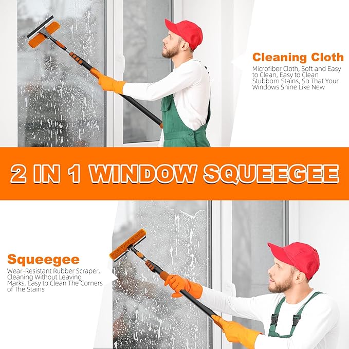 SISUPASSIE 36FT Reach 2-in-1 Window Squeegee, Professional Window Washing Kit with 7-30FT Extension Pole for Home, Indoor Outdoor Squeegee with Rotatable Head for High Windows