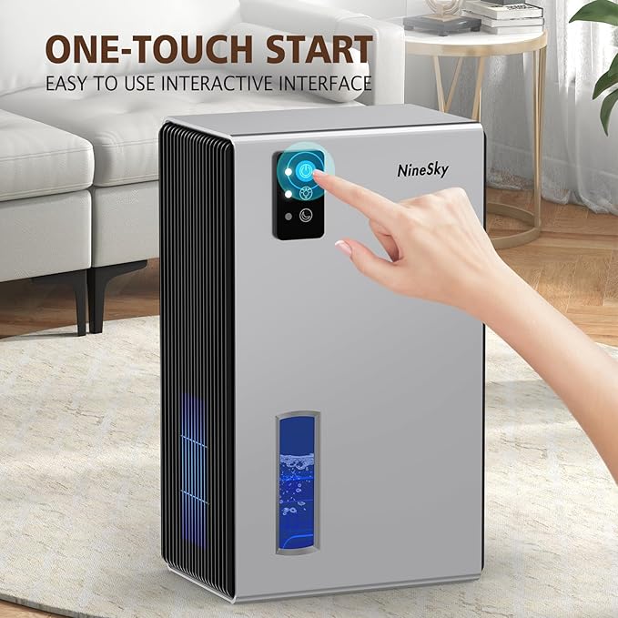 NineSky Dehumidifier, 1000 sq.ft Dehumidifiers for Home with 95oz Large Water Tank,Quiet Dehumidifier with 7-Color Ambient Light & Auto Shut Off, Dehumidifier for Basement, Bedroom, Bathroom (Silver)