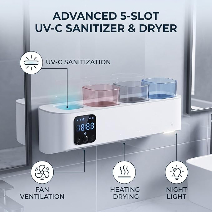 Sanpyl Toothbrush Holders for Bathroom, Smart Toothbrush Sanitizer and Holder Built in Fan Quickly Dry, Wall Mounted with 3 Modes, 5 Slots, 3 Mouthwash Cups