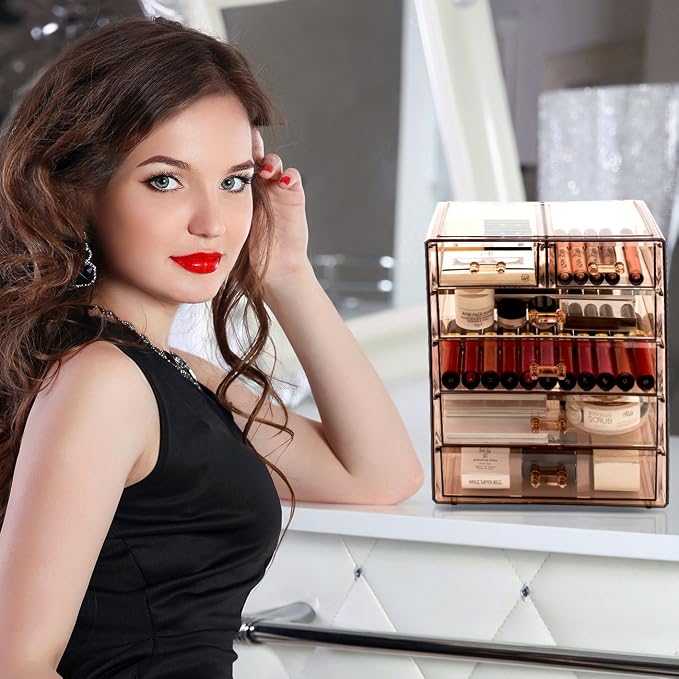 Sorbus Acrylic Makeup Organizer Set, 6-Drawer Vanity & Countertop Cosmetic Storage with Small & Wide Drawers, Bronze Glow Makeup Storage for Brushes, Lipsticks, Jewelry, Holiday Gift for Women & Teens