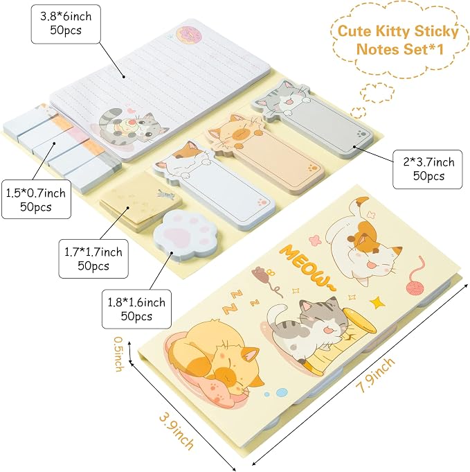 Xqumoi Cute Cartoon Cat Sticky Notes Set, 550 Sheets, Lovely Cat and Paw Shaped Self-Stick Notes Pads Kitty Animal Divider Tabs Bundle Writing Memo Pads Back to School Office Supplies Small Gift