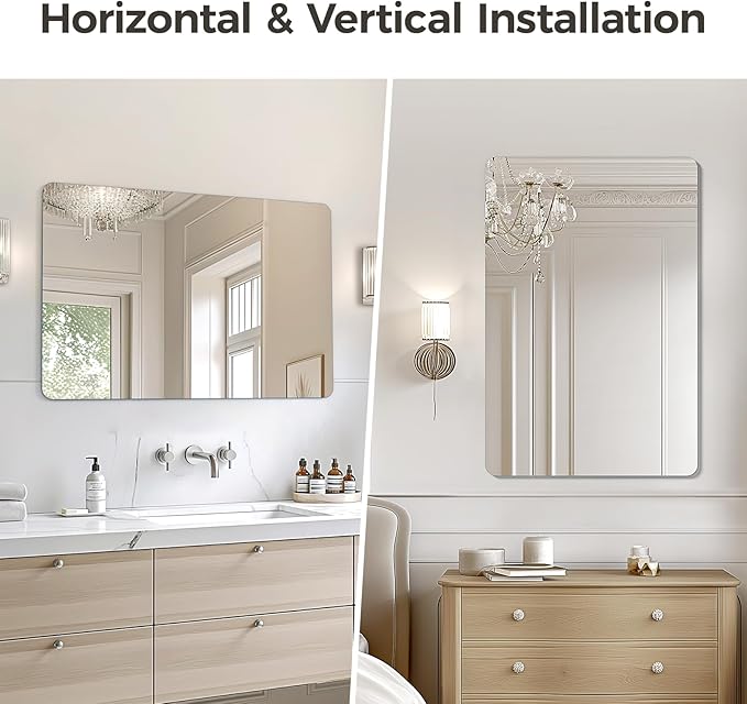USHOWER 2-Pack Frameless Bathroom Mirrors for Over Sink, 24x36 Inch Rectangular Vanity Mirror with Rounded Corner, Shatterproof Mirror for Vanity, Bedroom, Entryway Upgraded & Remodel