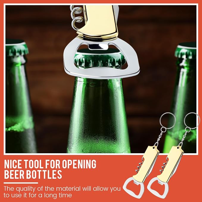 Ziliny 24 Pcs Bottle Opener Keychain Bulk Wine Bottle Beer Opener Keychain 3.27" Stainless Steel Corkscrew Waiter Corkscrew Wine Keyring Gifts for Christmas Bar Party Wedding Home (Gold)