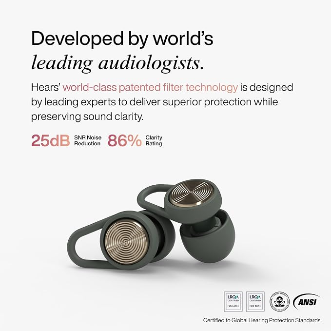 Hears Plus Ear Plugs for Noise Reduction - Patented Reusable Concert Earplugs, 25dB SNR Sound Reduction, Hypoallergenic for Musicians, Motorcycle and Sleeping with 4 tip Sizes - Pine Green