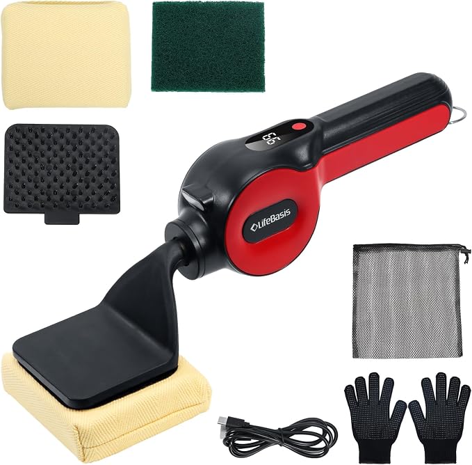 LifeBasis Cordless Electric BBQ Grill Cleaning Brush | Rechargeable with 180-minute Runtime, 3 Replaceable Heads, LED Light and Powerful Reciprocating Cleaning for Outdoor Grates