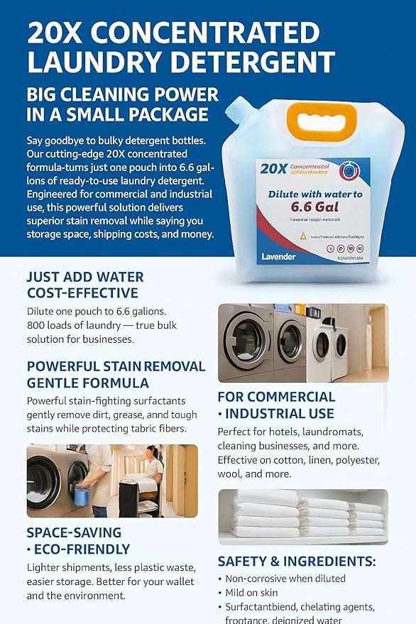Commercial Bulk Laundry Detergent Refill, 20X Concentrated, Makes 6.6 Gallons (800 Loads) – Heavy-Duty Stain Removal, HE Compatible, Economical