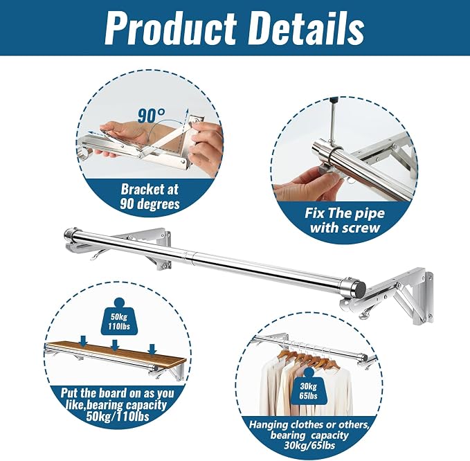 TBMLC Foldable Wall Mounted Clothes Rack- 30'' Long Rod & 2 Thick Bases | Stainless Steel,Multi-Purpose for Space-Saving Garment Rack/Clothes Drying Rack/Clothes Hanger,Detachable Top Shelf Reserved