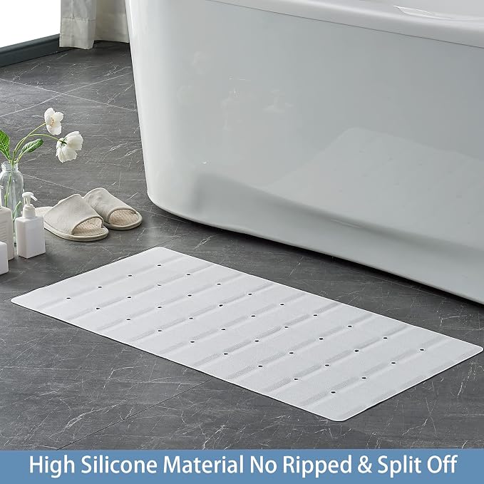 Webos Foldable Silicone Bathtub Mat: Jumbo Size Heavy Duty Safety Bath Mat for Tub Without Suction Cups Non Slip Bath & Shower Mat for Textured, Reglazed, Refinished Tub (White, 35.8 x 17.7)