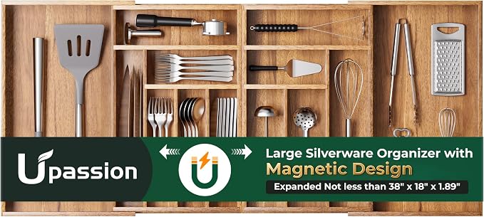 Large Silverware Organizer, 13 Slots Magnetic Connected Expandable Acacia Wood Utensil Drawer Organizer From 21 to 37.4 Inches, Adjustable Flatware and Cutlery Holder, Utensil Tray for Kitchen Natural